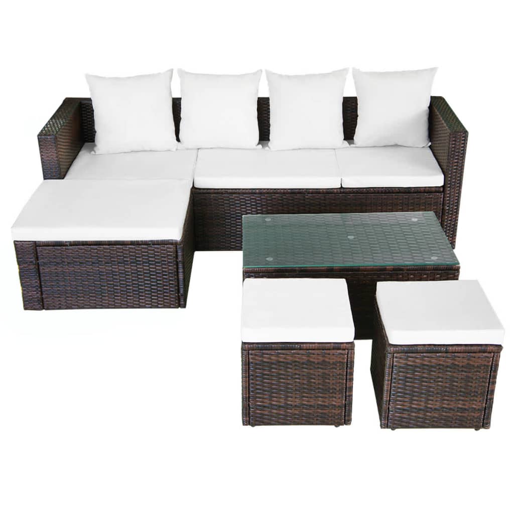 4 pcs conjunto lounge jardim c/ almofadões vime PE castanho