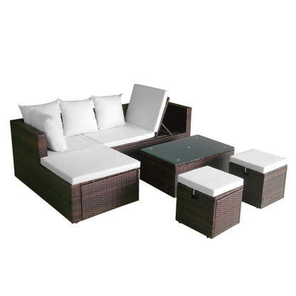 4 pcs conjunto lounge jardim c/ almofadões vime PE castanho