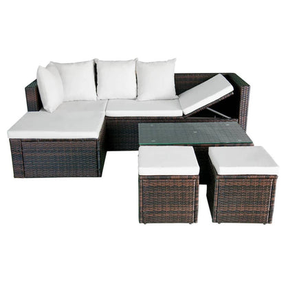 4 pcs conjunto lounge jardim c/ almofadões vime PE castanho