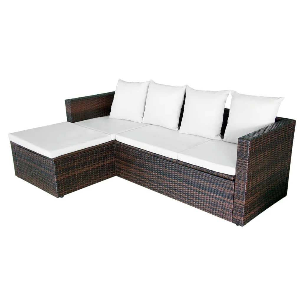 4 pcs conjunto lounge jardim c/ almofadões vime PE castanho