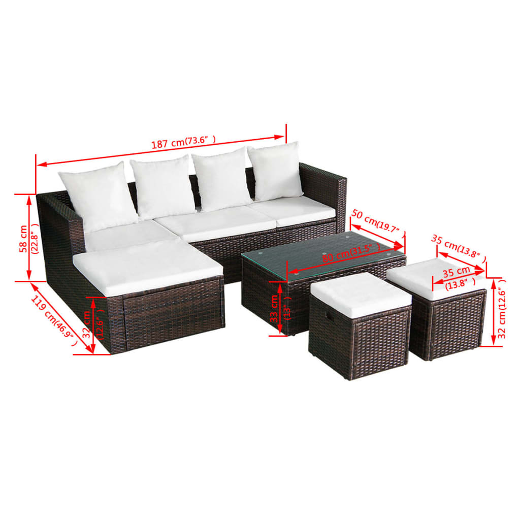 4 pcs conjunto lounge jardim c/ almofadões vime PE castanho