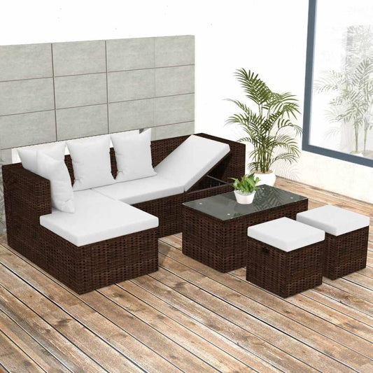 4 pcs conjunto lounge jardim c/ almofadões vime PE castanho