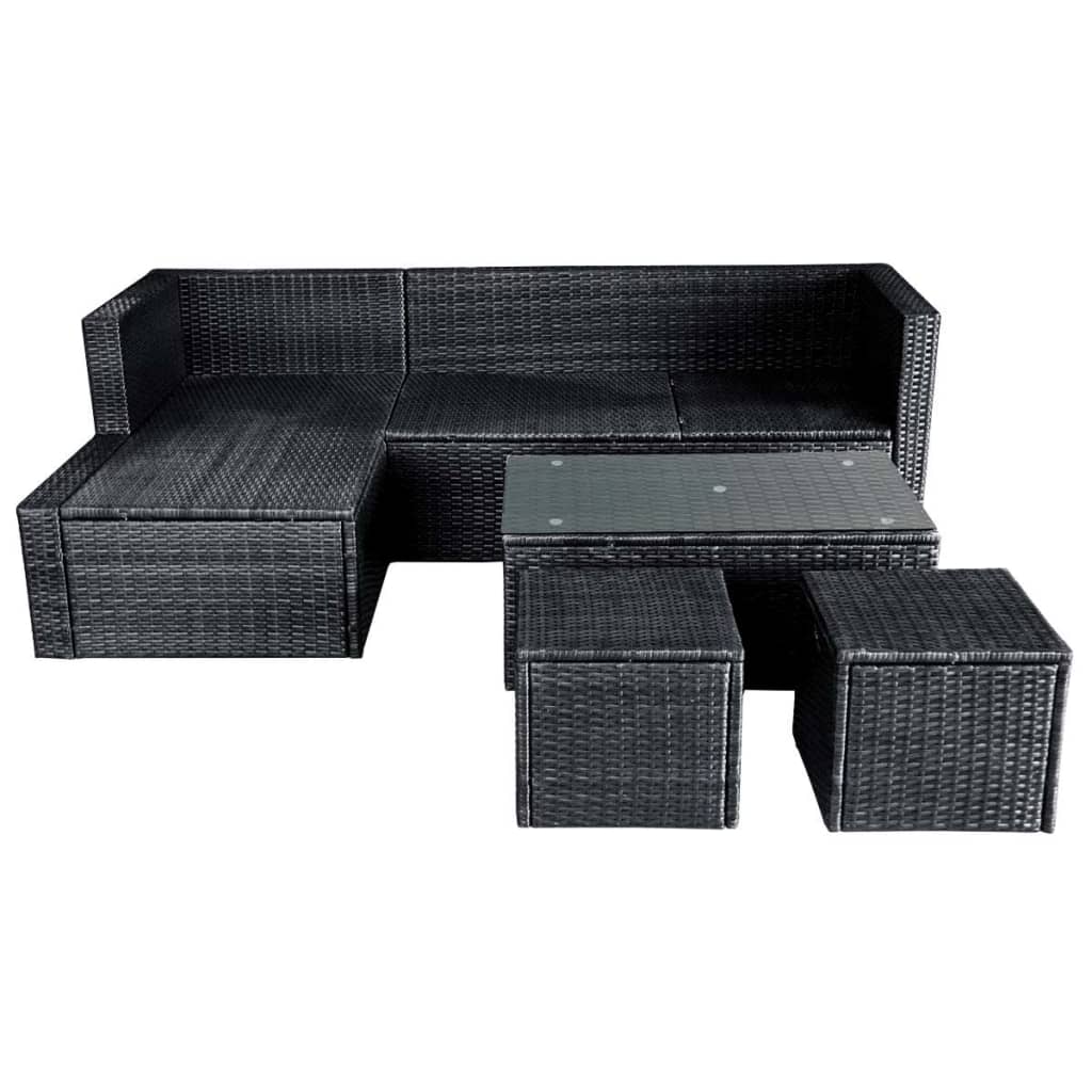 4 pcs conjunto lounge de jardim c/ almofadões vime PE preto