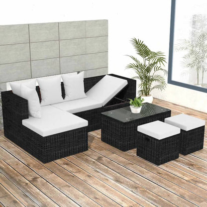 4 pcs conjunto lounge de jardim c/ almofadões vime PE preto