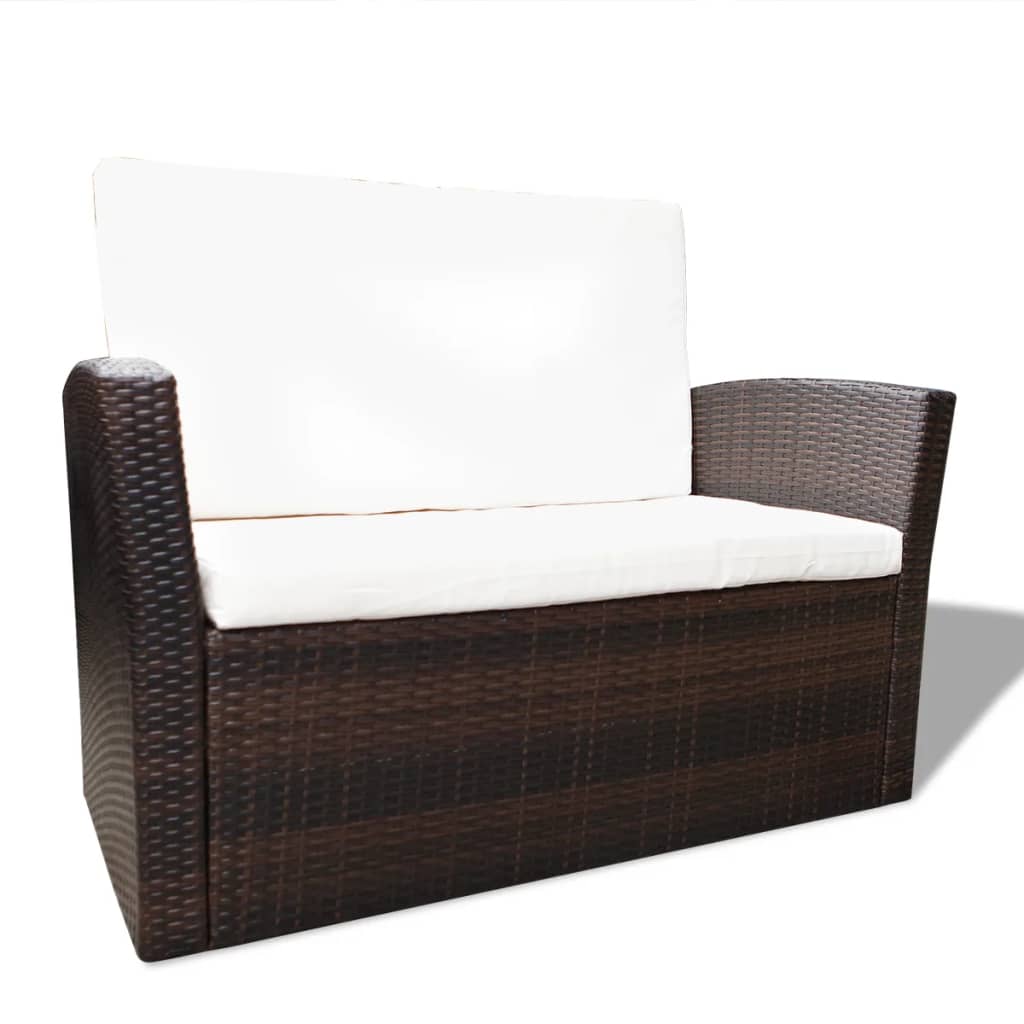 4 pcs conjunto lounge jardim c/ almofadões vime PE castanho