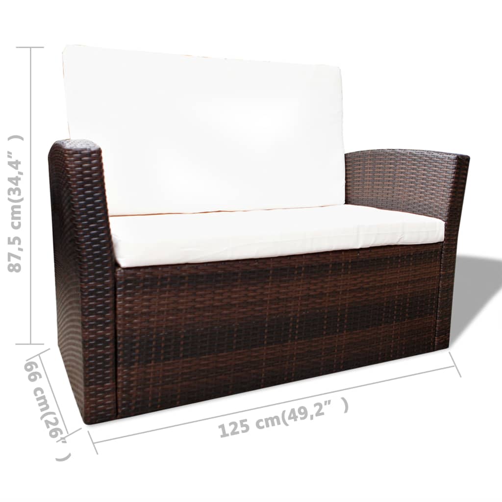 4 pcs conjunto lounge jardim c/ almofadões vime PE castanho