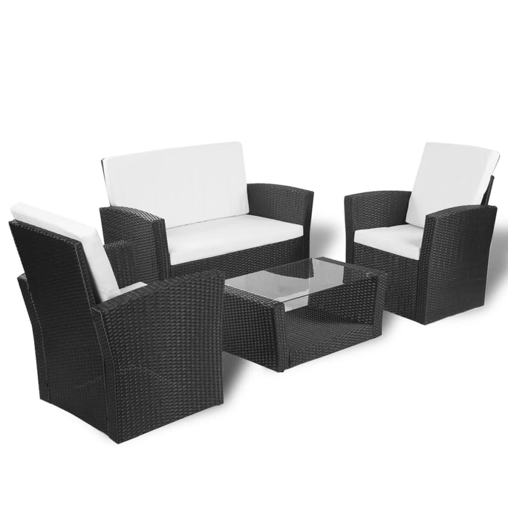 4 pcs conjunto lounge de jardim c/ almofadões vime PE preto