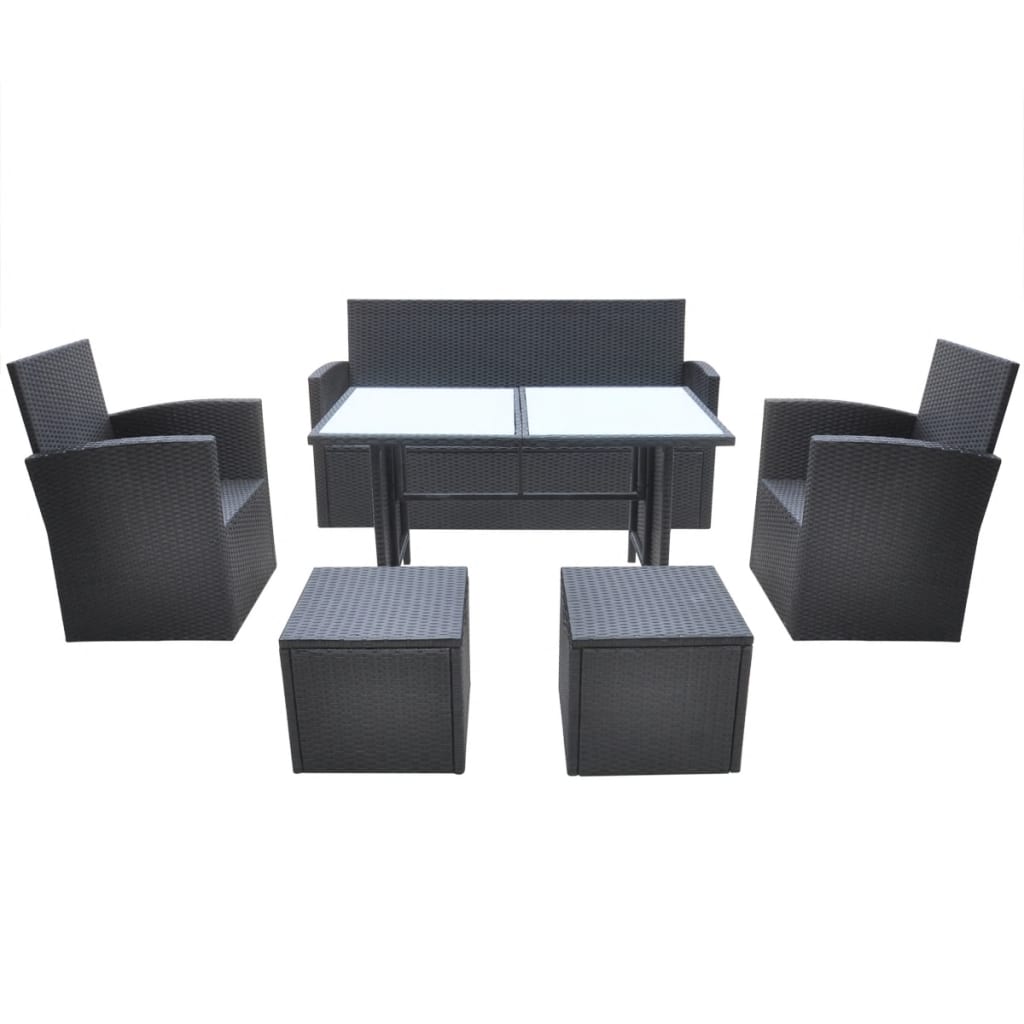 Conjunto de Refeição de Exterior Tyr - 1 Sofá, 2 Poltronas, 2 Bancos e 1 Mesa - Vime Preto - Design Natura