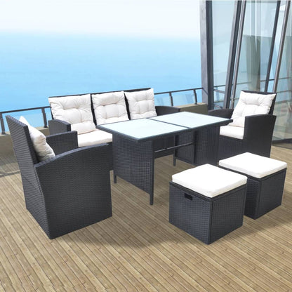 Conjunto de Refeição de Exterior Tyr - 1 Sofá, 2 Poltronas, 2 Bancos e 1 Mesa - Vime Preto - Design Natura