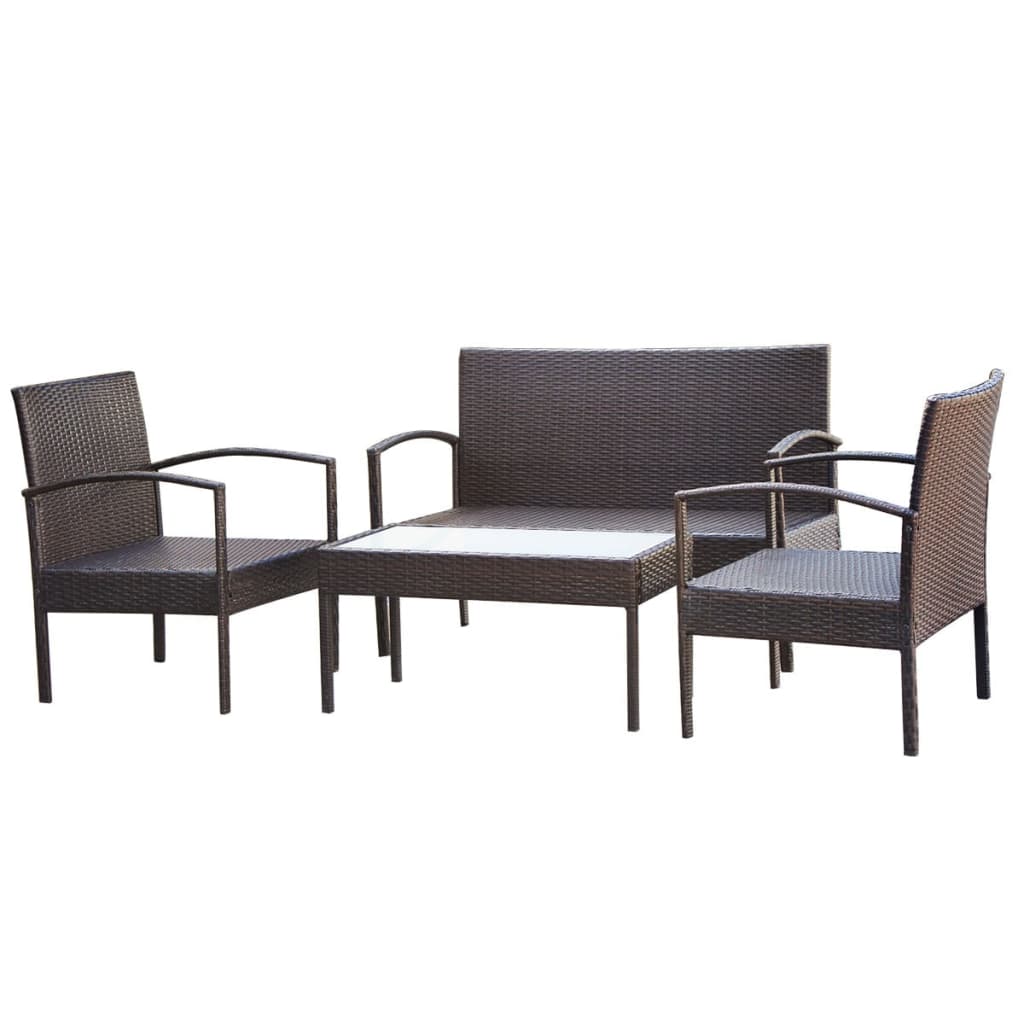 4 pcs conjunto lounge jardim c/ almofadões vime PE castanho