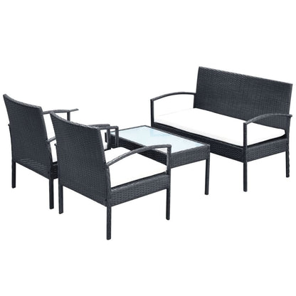 4 pcs conjunto lounge de jardim c/ almofadões vime PE preto