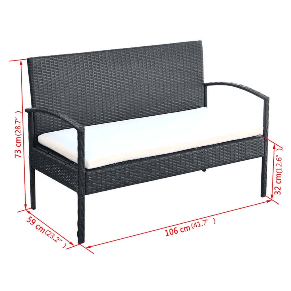 4 pcs conjunto lounge de jardim c/ almofadões vime PE preto