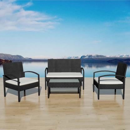 4 pcs conjunto lounge de jardim c/ almofadões vime PE preto