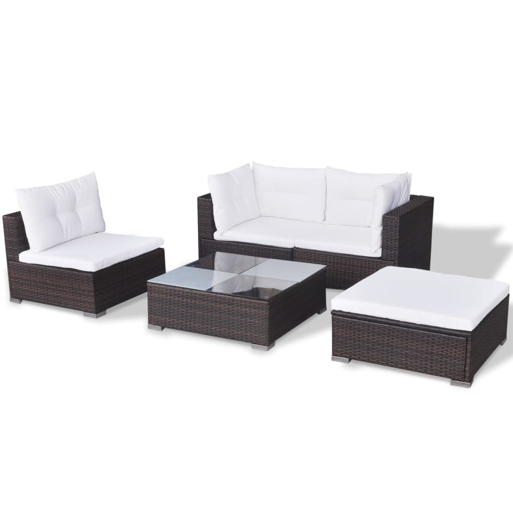 5 pcs conjunto lounge jardim c/ almofadões vime PE castanho