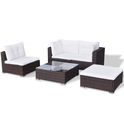 5 pcs conjunto lounge jardim c/ almofadões vime PE castanho