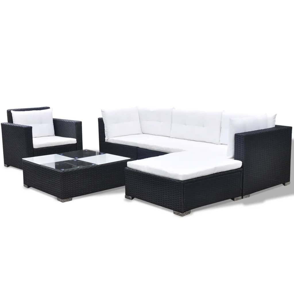 6 pcs conjunto lounge de jardim com almofadões vime PE preto