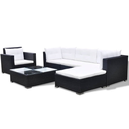 6 pcs conjunto lounge de jardim com almofadões vime PE preto