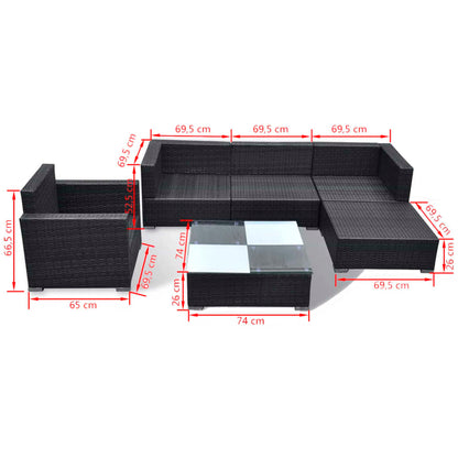 6 pcs conjunto lounge de jardim com almofadões vime PE preto