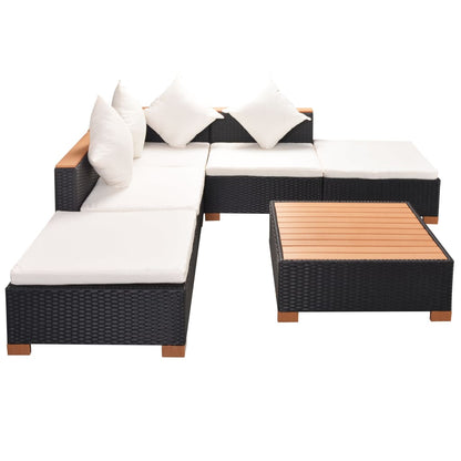 6 pcs conjunto lounge de jardim c/ almofadões vime PE preto