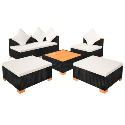 6 pcs conjunto lounge de jardim c/ almofadões vime PE preto