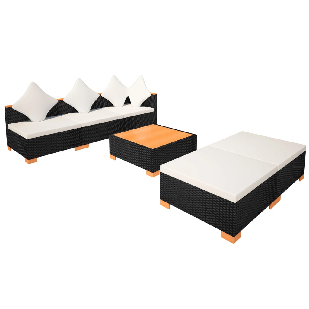 6 pcs conjunto lounge de jardim c/ almofadões vime PE preto