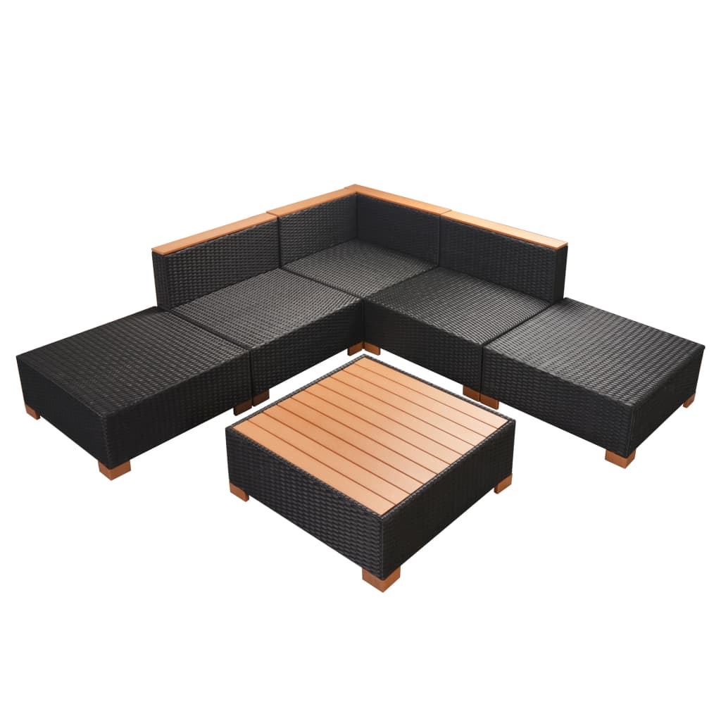 6 pcs conjunto lounge de jardim c/ almofadões vime PE preto