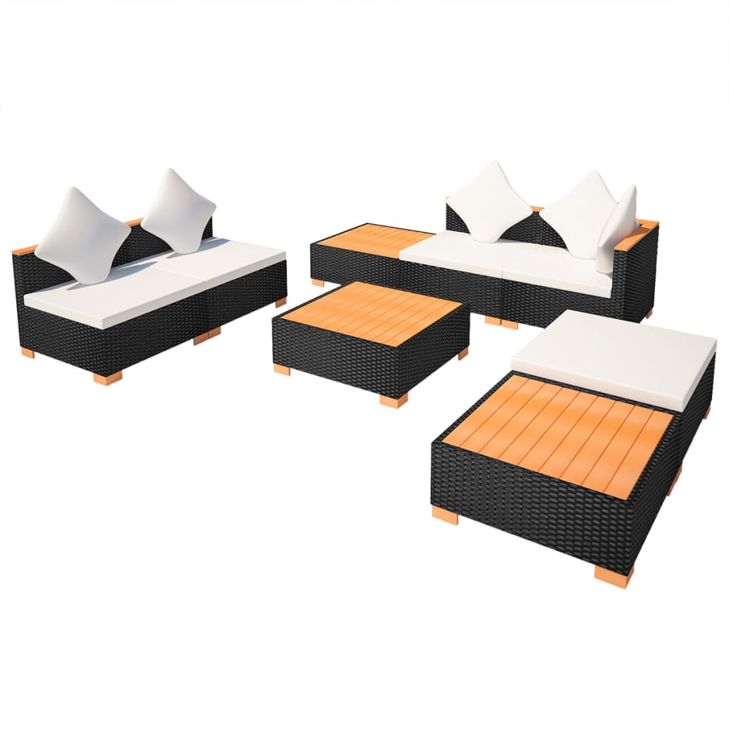 8 pcs conjunto lounge de jardim c/ almofadões vime PE preto