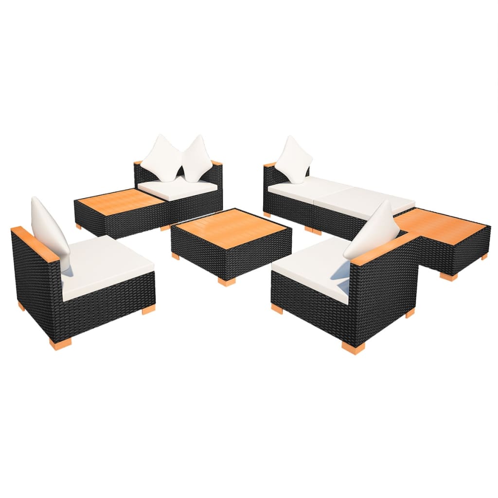 8 pcs conjunto lounge de jardim c/ almofadões vime PE preto