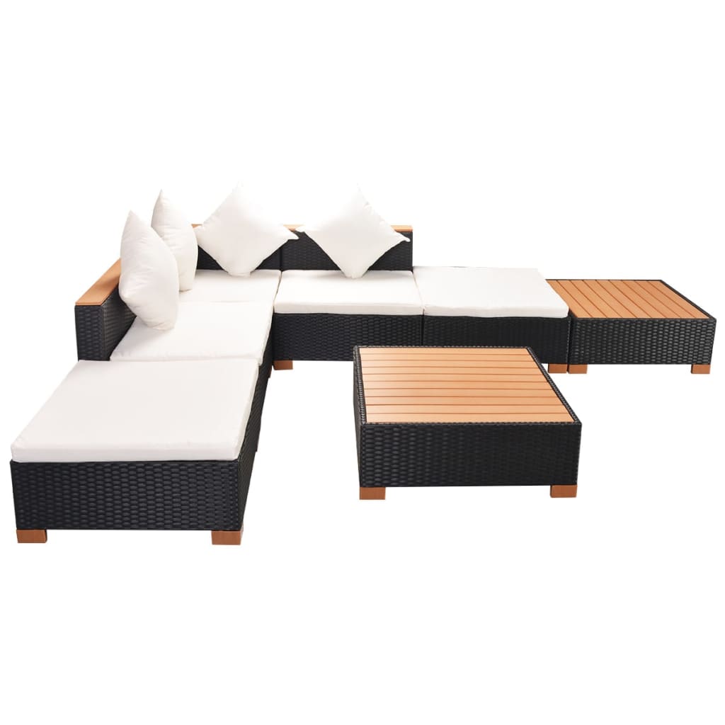 7 pcs conjunto lounge de jardim c/ almofadões vime PE preto