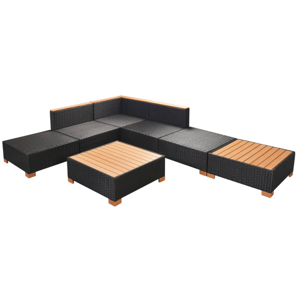 7 pcs conjunto lounge de jardim c/ almofadões vime PE preto