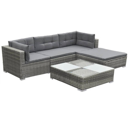 5 pcs conjunto lounge de jardim c/ almofadões vime PE cinzento