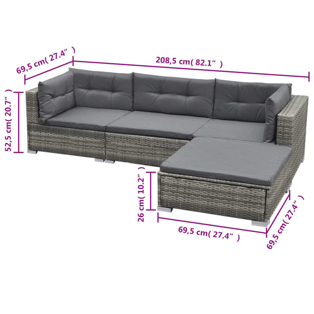 5 pcs conjunto lounge de jardim c/ almofadões vime PE cinzento