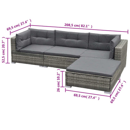 5 pcs conjunto lounge de jardim c/ almofadões vime PE cinzento