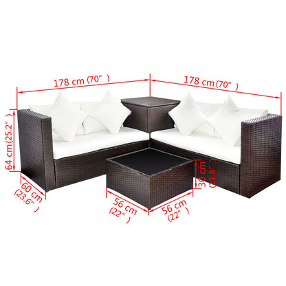 4 pcs conjunto lounge jardim c/ almofadões vime PE castanho