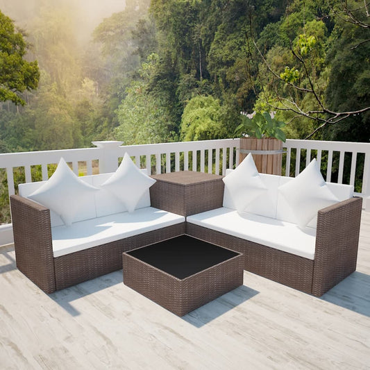 4 pcs conjunto lounge jardim c/ almofadões vime PE castanho