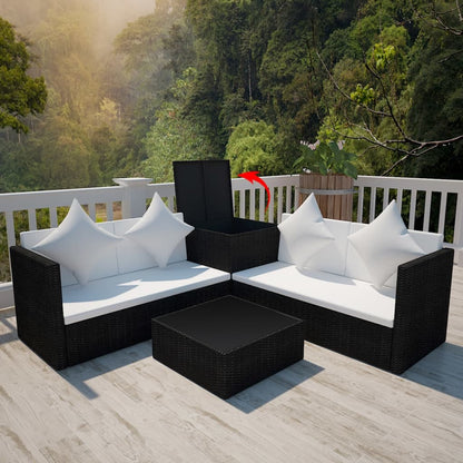 4 pcs conjunto lounge de jardim c/ almofadões vime PE preto