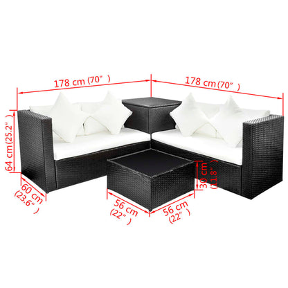 4 pcs conjunto lounge de jardim c/ almofadões vime PE preto