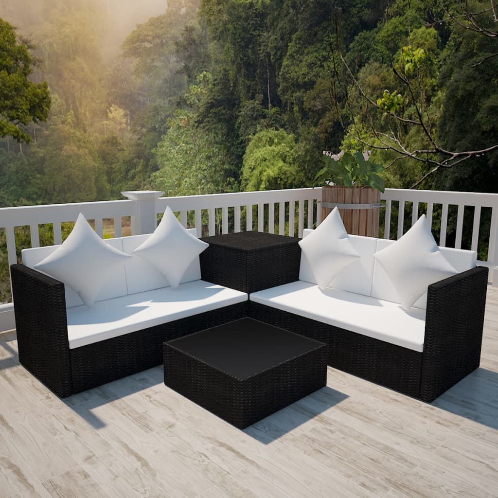 4 pcs conjunto lounge de jardim c/ almofadões vime PE preto