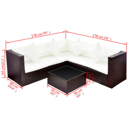 4 pcs conjunto lounge jardim c/ almofadões vime PE castanho