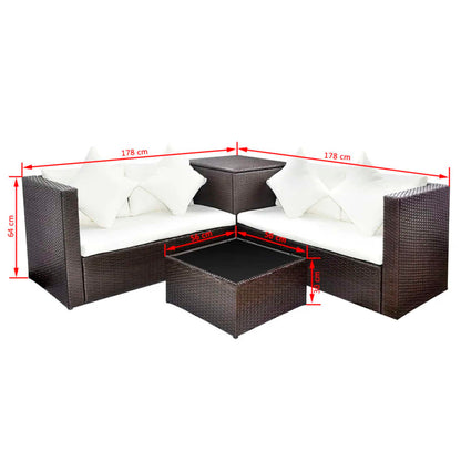 4 pcs conjunto lounge jardim c/ almofadões vime PE castanho