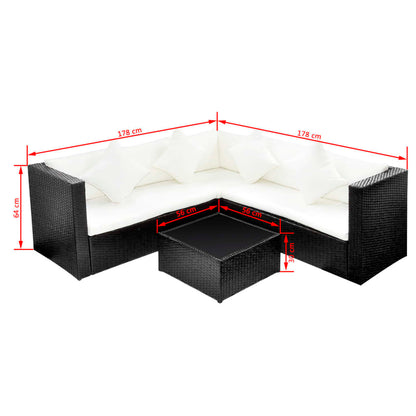 4 pcs conjunto lounge de jardim c/ almofadões vime PE preto