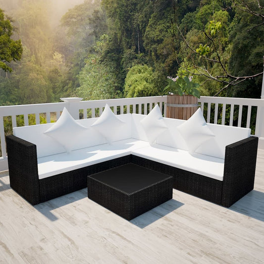 4 pcs conjunto lounge de jardim c/ almofadões vime PE preto