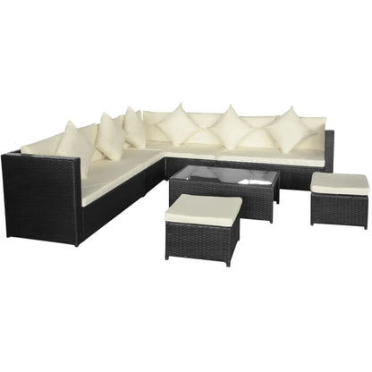 8 pcs conjunto lounge de jardim c/ almofadões vime PE preto