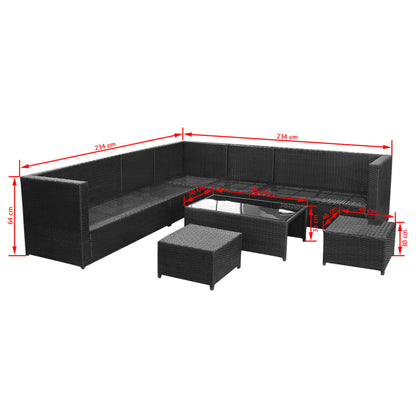 8 pcs conjunto lounge de jardim c/ almofadões vime PE preto