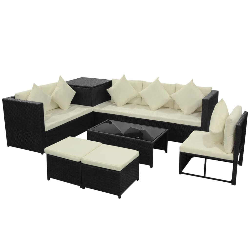 8 pcs conjunto lounge de jardim c/ almofadões vime PE preto