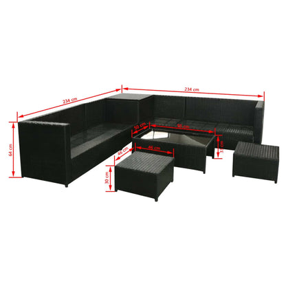 8 pcs conjunto lounge de jardim c/ almofadões vime PE preto