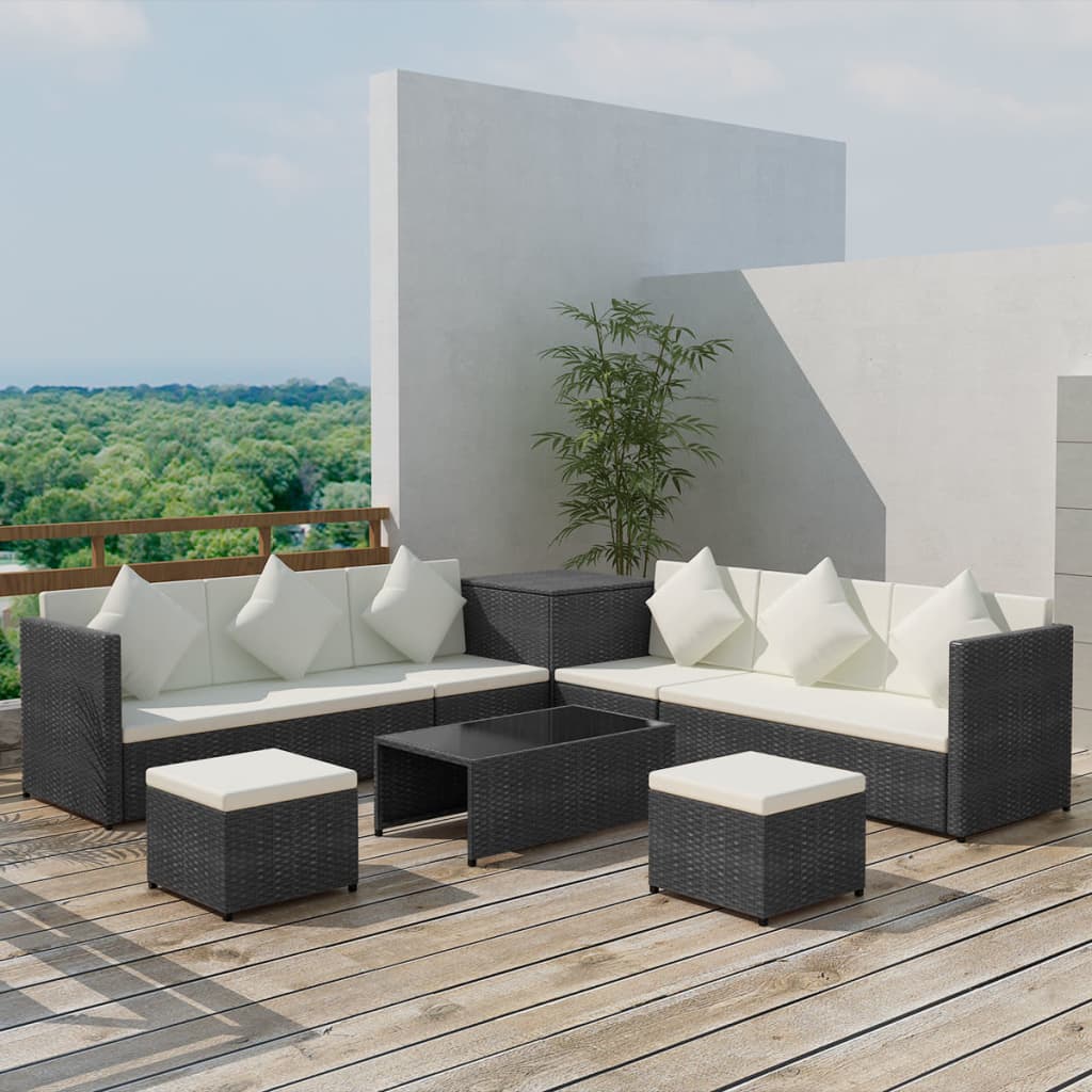 8 pcs conjunto lounge de jardim c/ almofadões vime PE preto