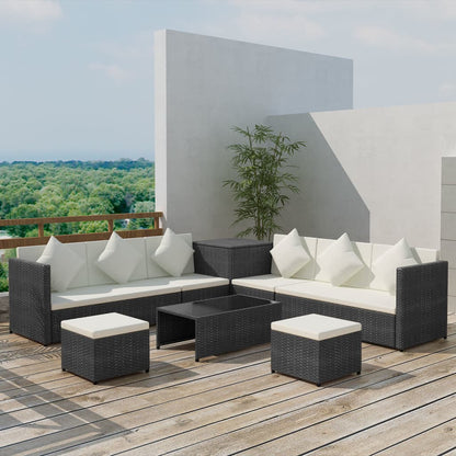 8 pcs conjunto lounge de jardim c/ almofadões vime PE preto