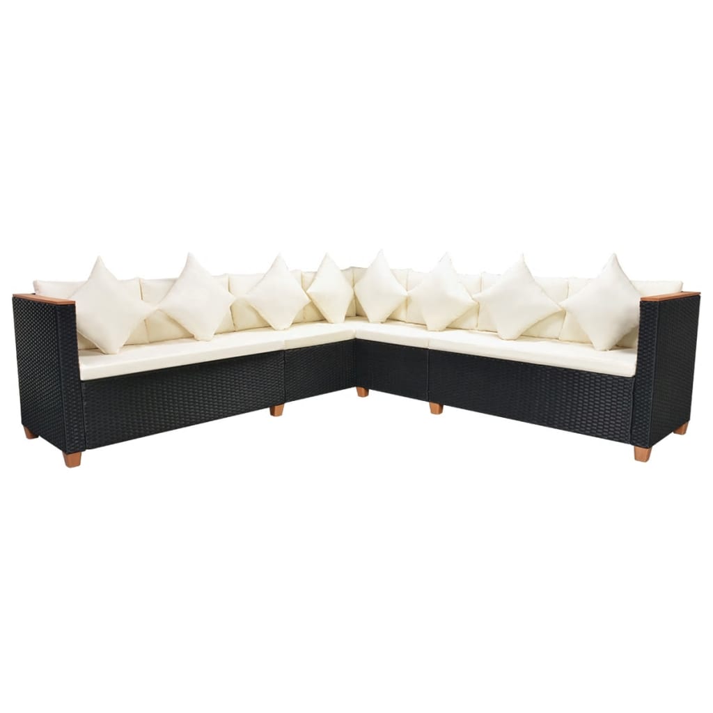 6 pcs conjunto lounge de jardim c/ almofadões vime PE preto