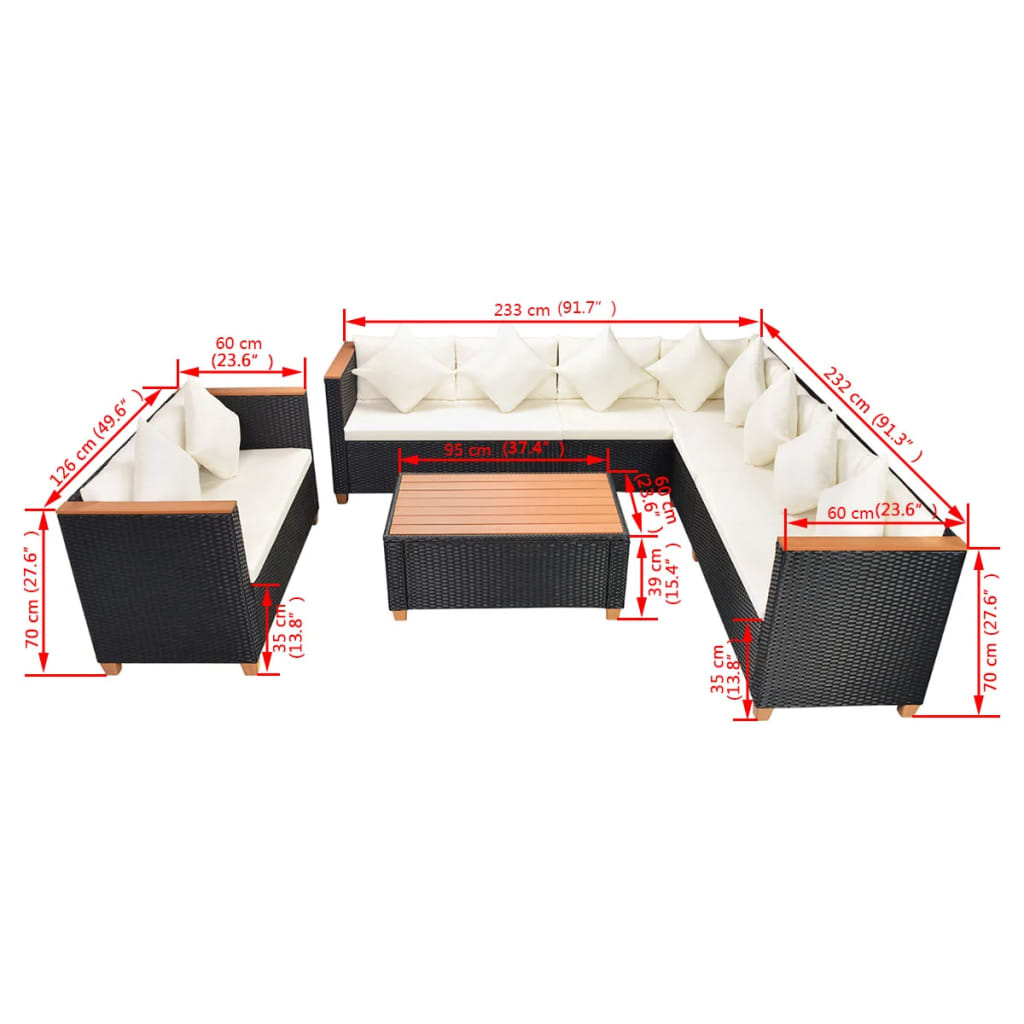 6 pcs conjunto lounge de jardim c/ almofadões vime PE preto